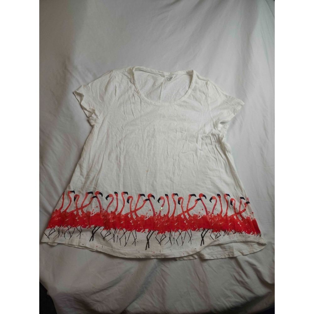 Crown & Ivy Flamingo T-Shirt Womens L White Coastal Grandma‎ Preppy Resortwear